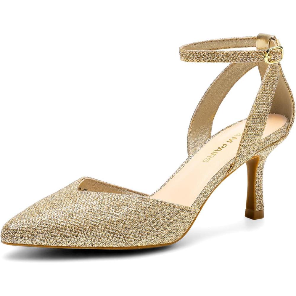 imageDREAM PAIRS Pointed Closed Toe Kitten Heels Stiletto Ankle Strap Womens Pumps Shoes for Women Wedding Party Dress SandalsGoldglitter