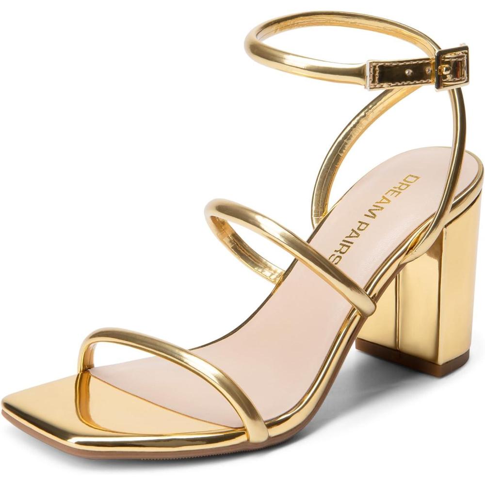 imageDREAM PAIRS Women Heels Chunky Square Open Toe Strappy Ankle Strap Block High Heeled Sandals for Dressy Wedding Comfortable ShoesGold