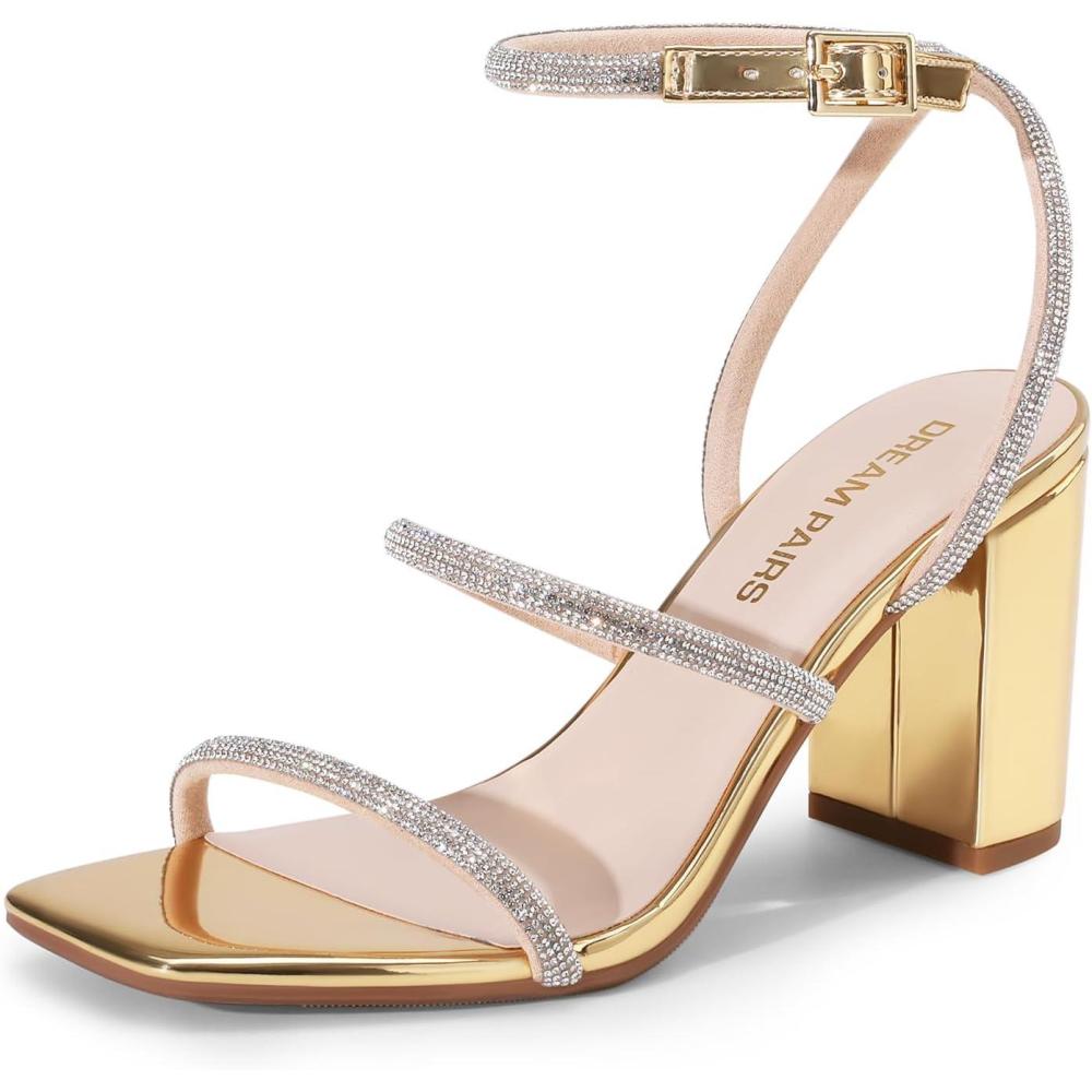 imageDREAM PAIRS Women Heels Chunky Square Open Toe Strappy Ankle Strap Block High Heeled Sandals for Dressy Wedding Comfortable ShoesGoldrhinestone