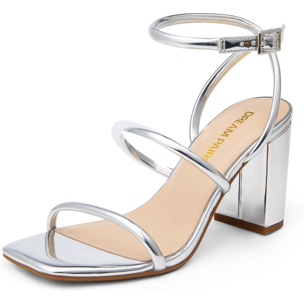 imageDREAM PAIRS Women Heels Chunky Square Open Toe Strappy Ankle Strap Block High Heeled Sandals for Dressy Wedding Comfortable ShoesSilverpat