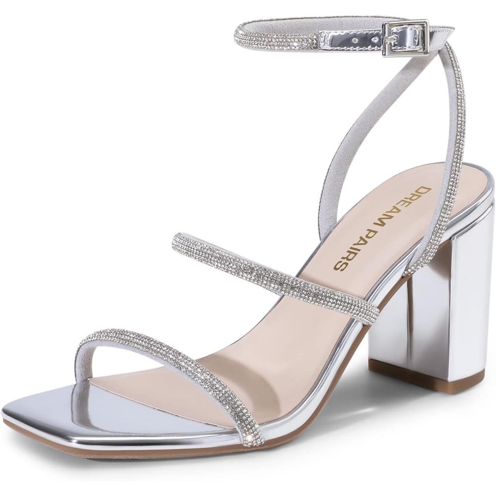 imageDREAM PAIRS Women Heels Chunky Square Open Toe Strappy Ankle Strap Block High Heeled Sandals for Dressy Wedding Comfortable ShoesSilverrhinestone