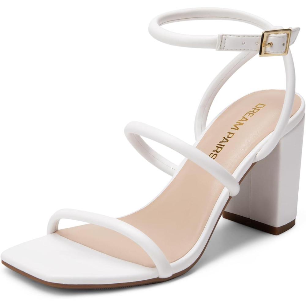 imageDREAM PAIRS Women Heels Chunky Square Open Toe Strappy Ankle Strap Block High Heeled Sandals for Dressy Wedding Comfortable ShoesWhite