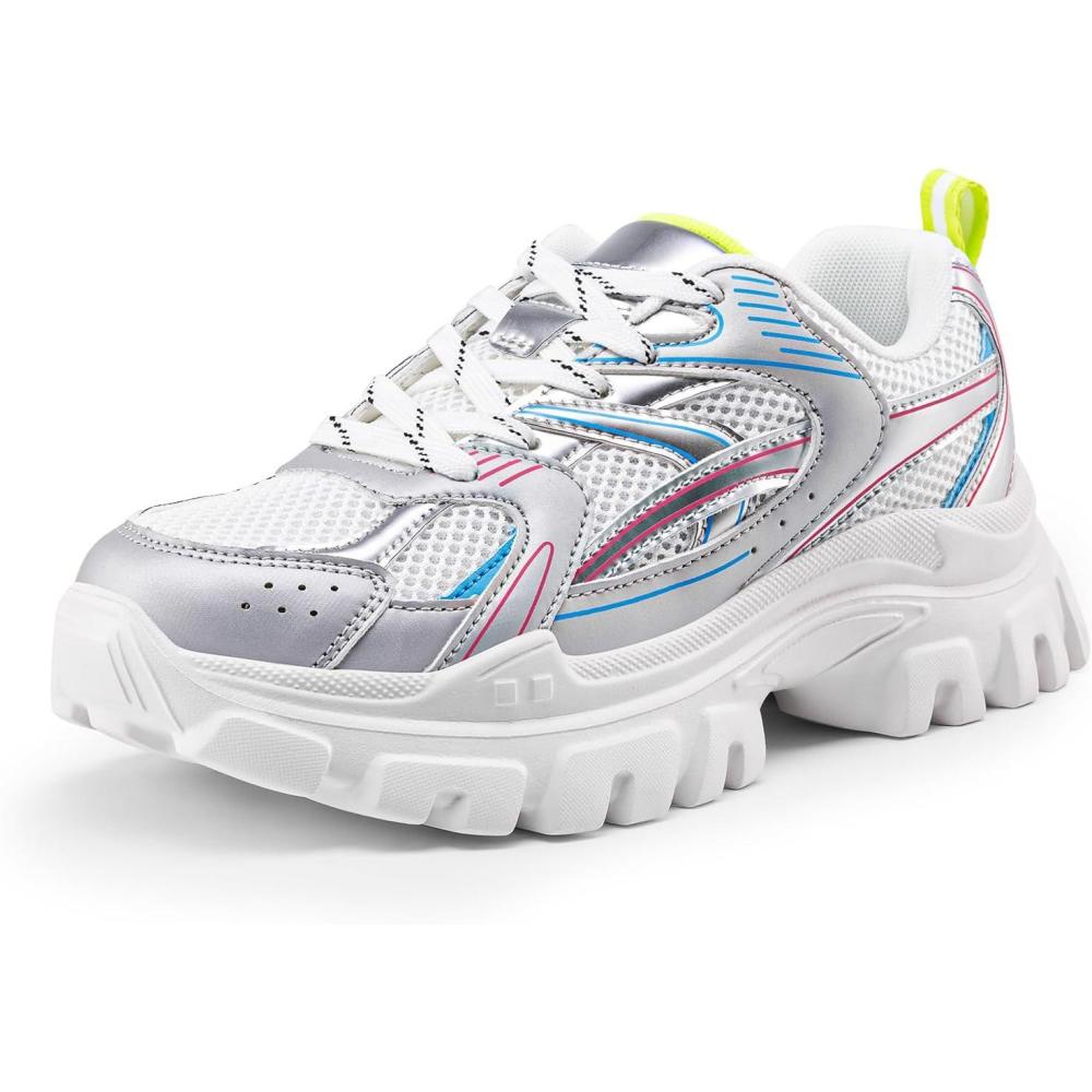 imageDREAM PAIRS Women Platform Chunky Lightweight Comfortable Breathable Casual Stylish Y2K LaceUp Heidi Walking Fashion SneakersSize 8WhiteSilverSDFN2421W
