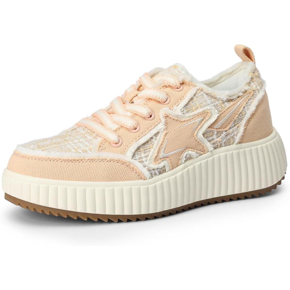 imageDREAM PAIRS Women Platform Chunky Lightweight Comfortable Casual Denim Fabric LaceUp Kay Walking Fashion SneakersPinkWhite