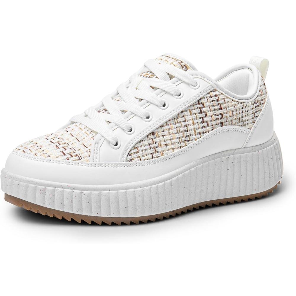 imageDREAM PAIRS Women Platform Chunky Lightweight Comfortable Casual LaceUp Sky Walking Fashion SneakersKhakiWhite