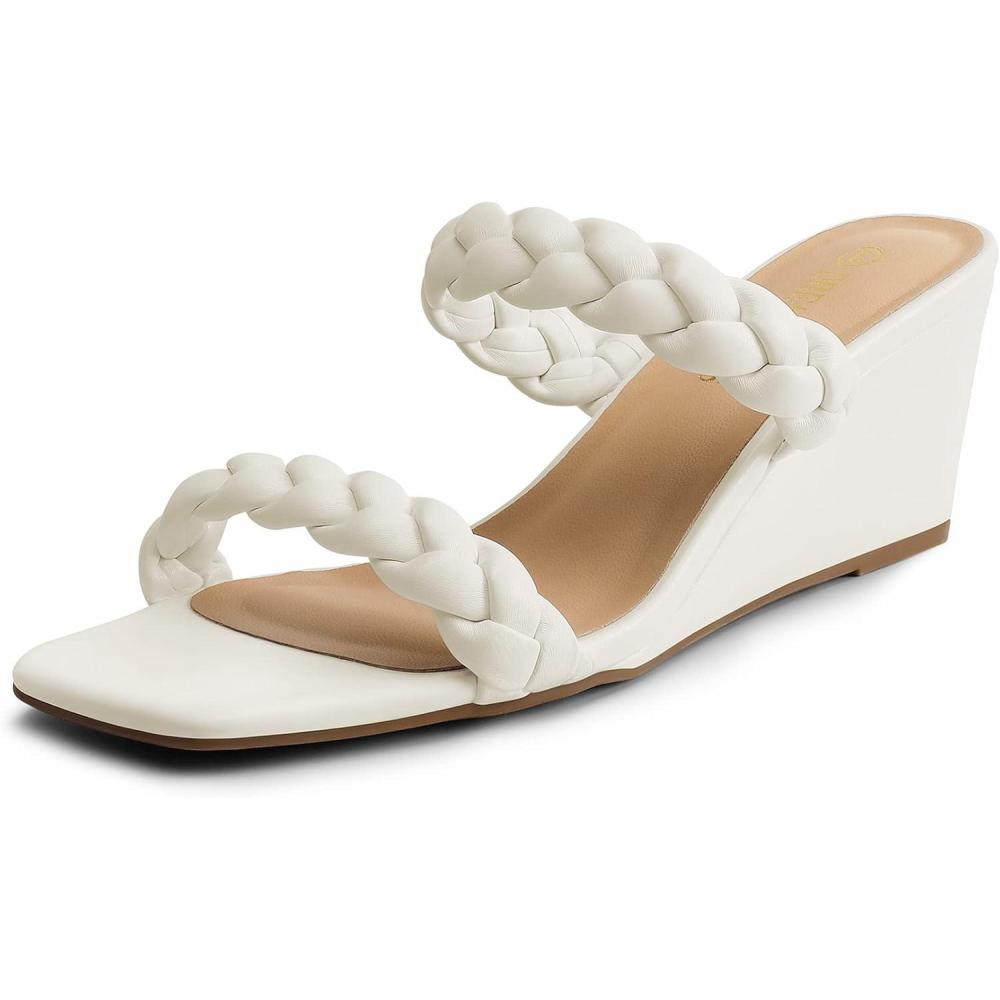 imageDREAM PAIRS Women Slides Wedge Sandals Braided Straps Square Open Toe Dress Casual ShoesWhite