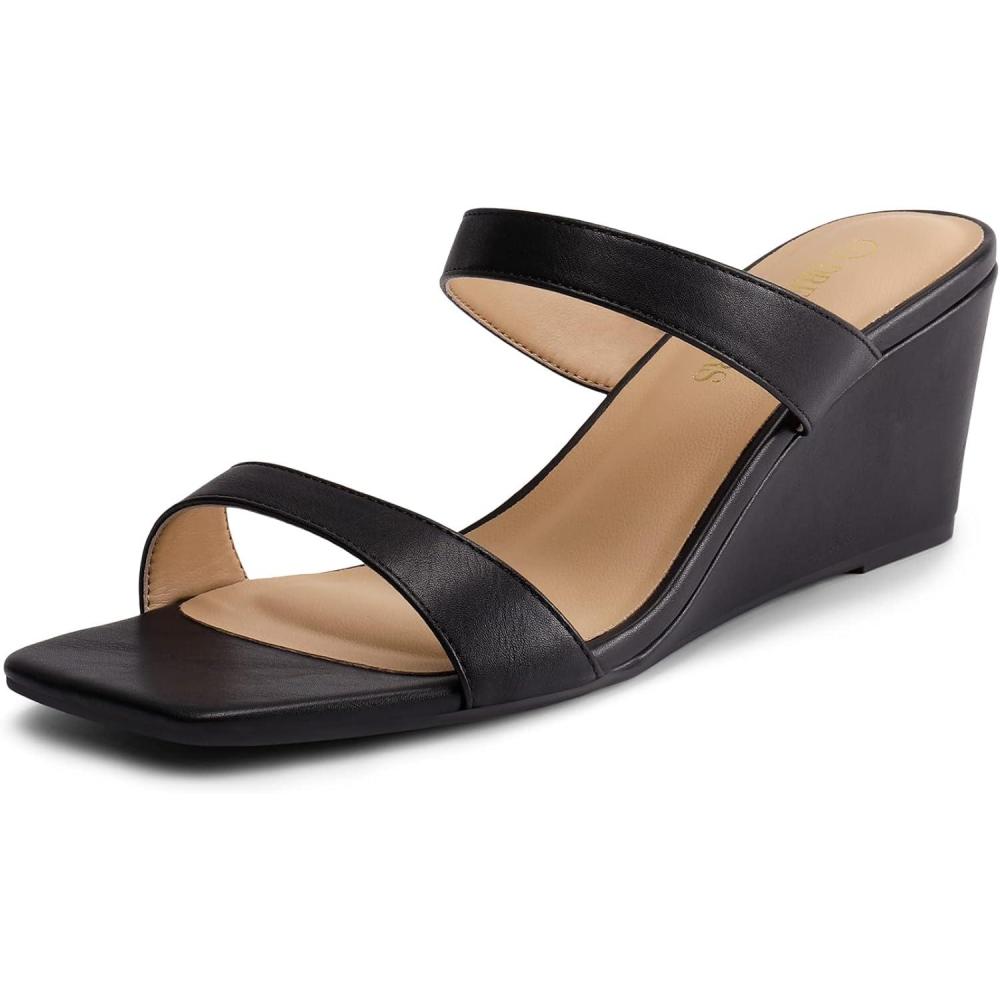 imageDREAM PAIRS Women Slides Wedge Sandals Square Open Toe Dress Casual Strappy ShoesBlack
