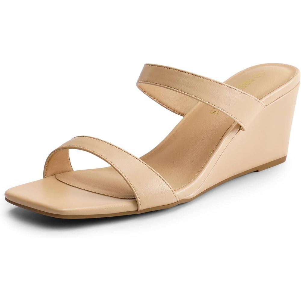 imageDREAM PAIRS Women Slides Wedge Sandals Square Open Toe Dress Casual Strappy ShoesNude