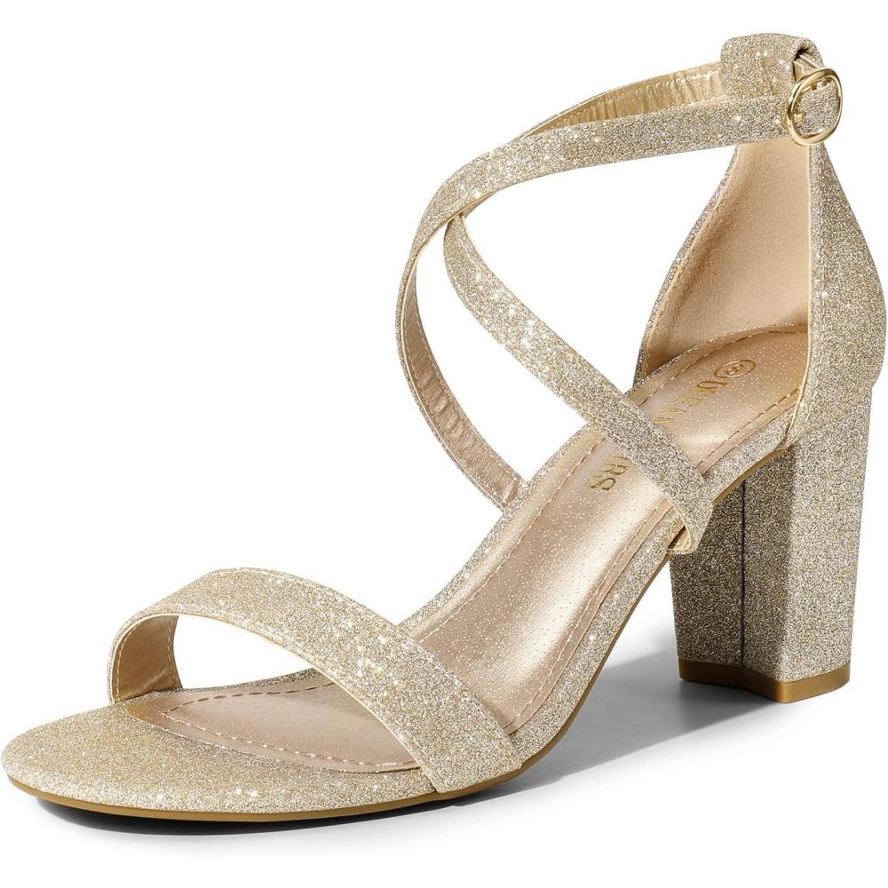 imageDREAM PAIRS Womens Ankle Strap Dress Low Chunky Block Open Toe Heel Sandals for Party WeddingGoldglitter