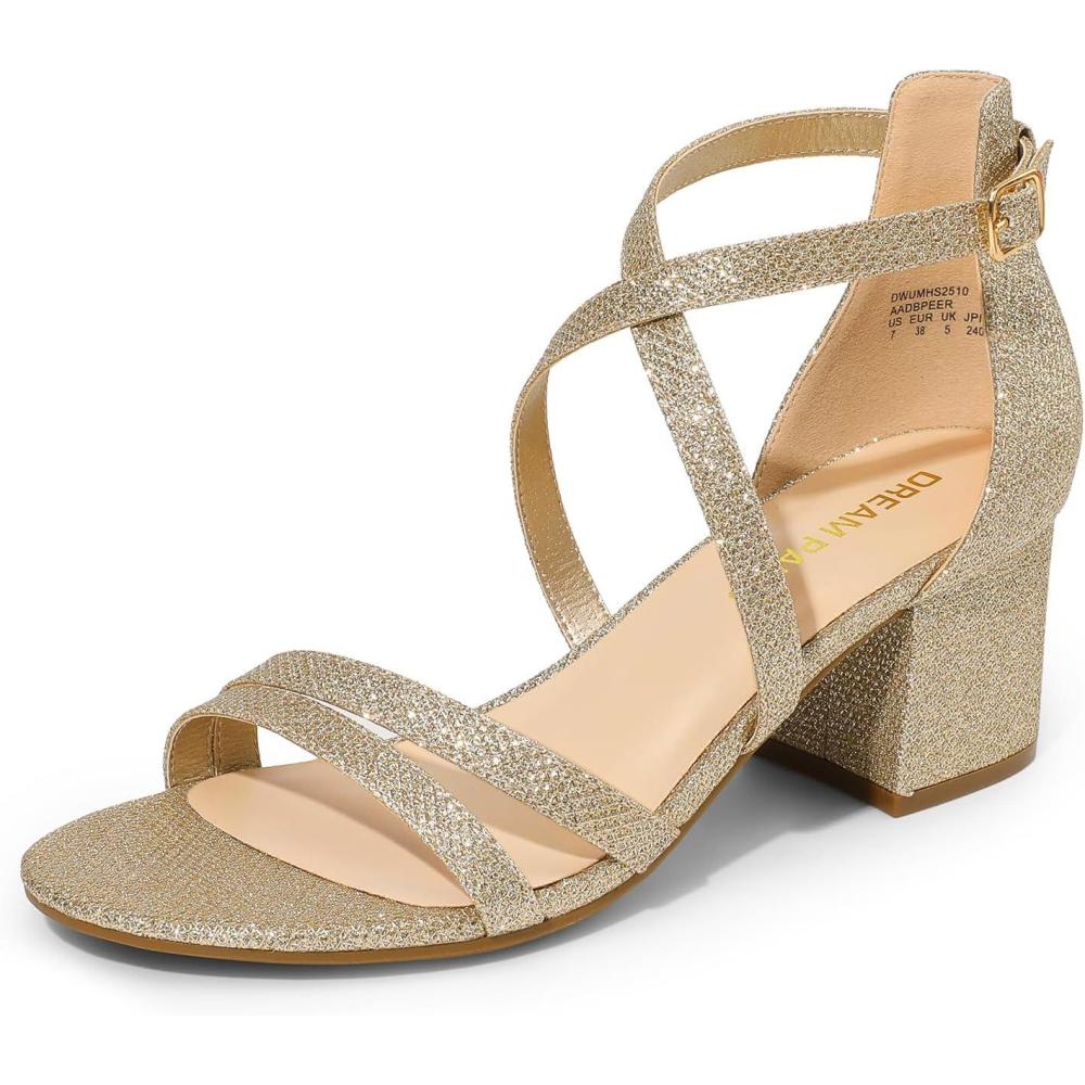 imageDREAM PAIRS Womens Ankle Strap Low Chunky Heels Open Toe Blocked Strappy Sandals Dress Shoes for Wedding Bridal PartyGold