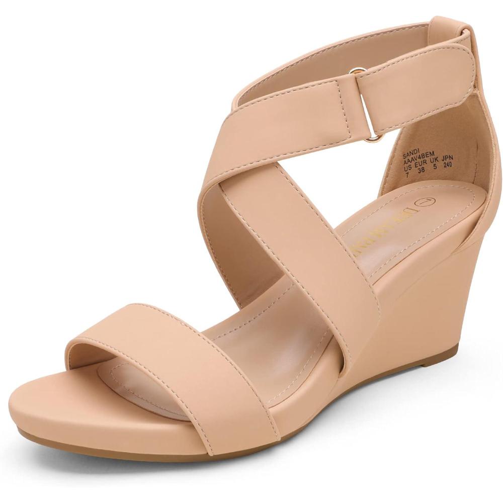 imageDREAM PAIRS Womens Ankle Strap Wedge Sandals Comfortable Open Toe Summer Dress ShoesNudeNubuck
