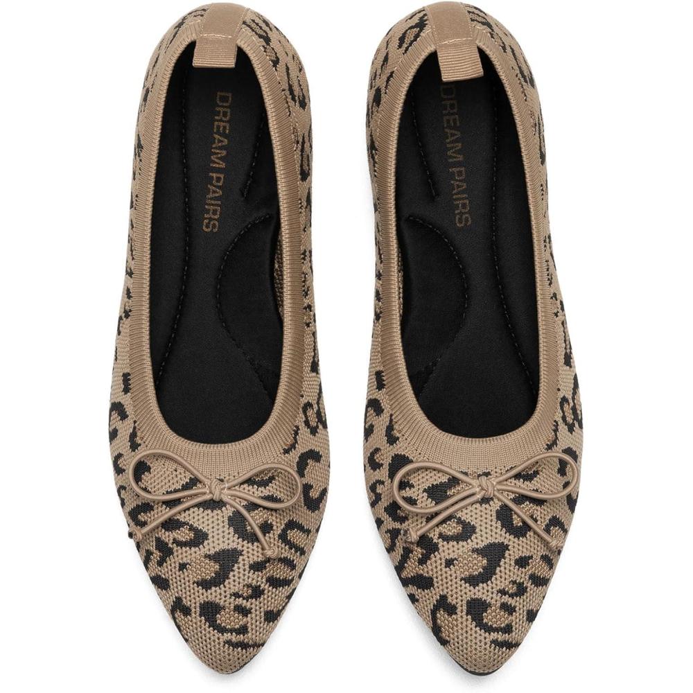 imageDREAM PAIRS Womens Ballet Knit Flats Foldable Pointed Toe Comfortable Dressy Flat Shoes with BowKnot Casual Business Work OfficeLeopard