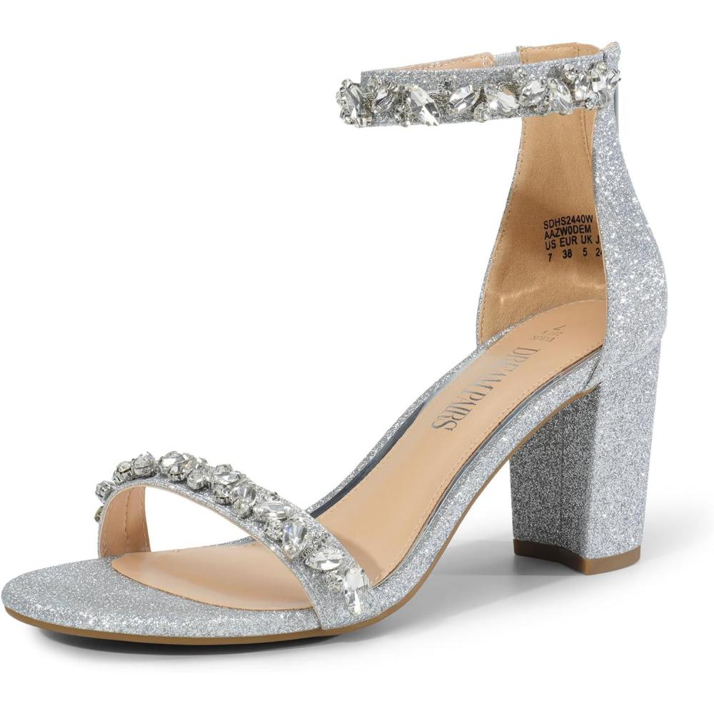 imageDREAM PAIRS Womens Chunk Low Heel Pump SandalsSilverrhinestone