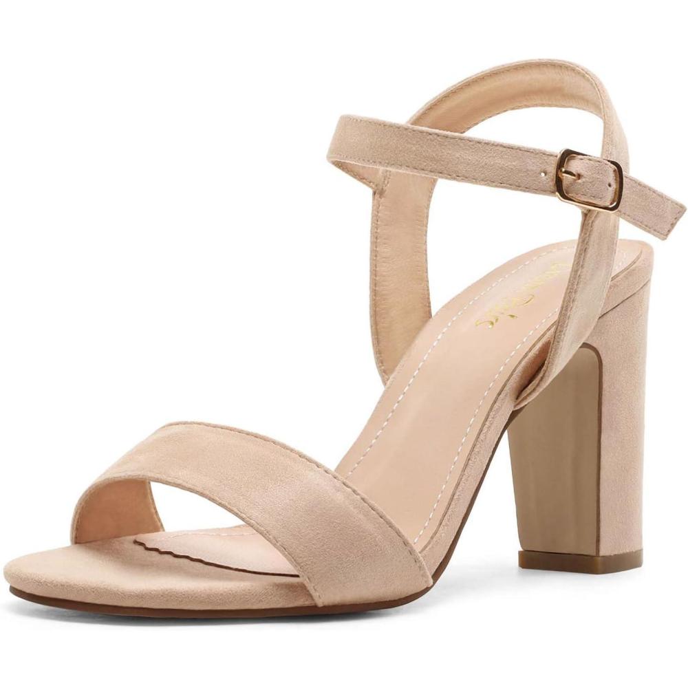 imageDREAM PAIRS Womens Chunky Heels Open Toe Ankle Strap High Block Comfy Dress Heel Sandals Pumps ShoesNudeSuede