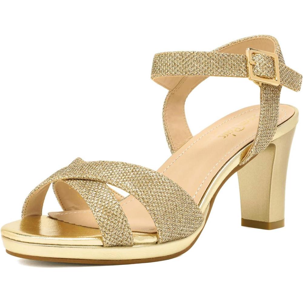 imageDREAM PAIRS Womens Chunky Heels Open Toe Ankle Strap Sparkly Heels Pump SandalsGoldGlitter