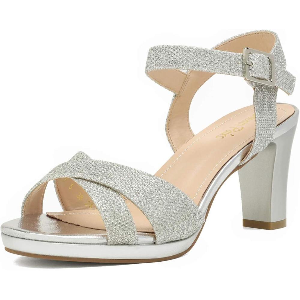 imageDREAM PAIRS Womens Chunky Heels Open Toe Ankle Strap Sparkly Heels Pump SandalsSilverGlitter