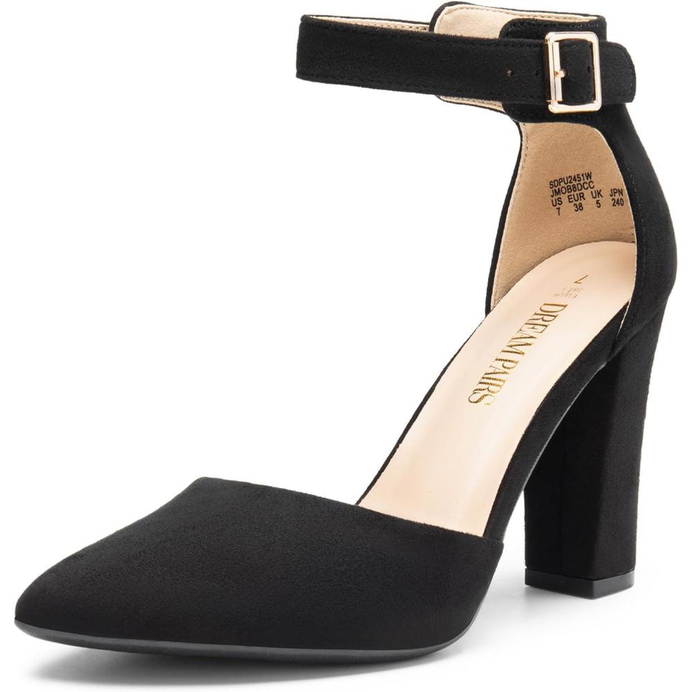 imageDREAM PAIRS Womens Chunky High Heels Dress Pumps Closed Pointed Toe Block Ankle Strap Shoes for Wedding PartyBlacksuede