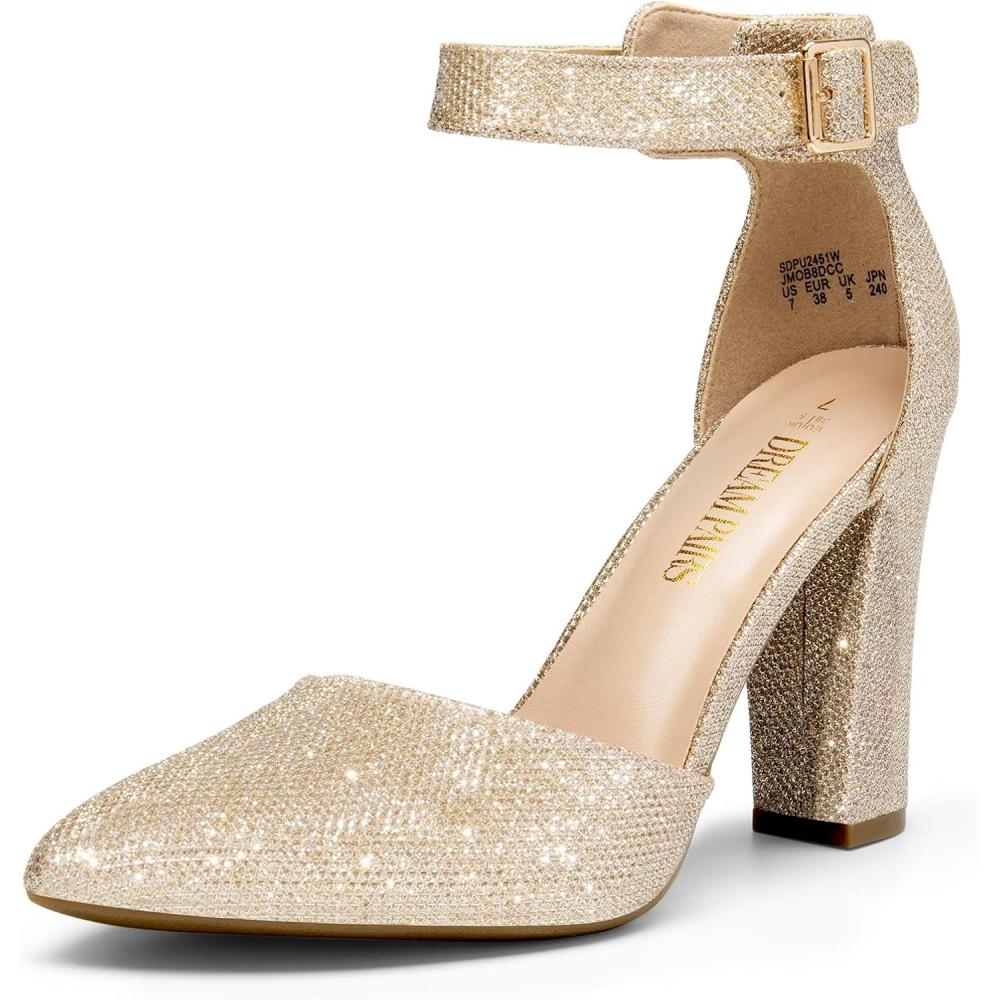 imageDREAM PAIRS Womens Chunky High Heels Dress Pumps Closed Pointed Toe Block Ankle Strap Shoes for Wedding PartyGoldglitter