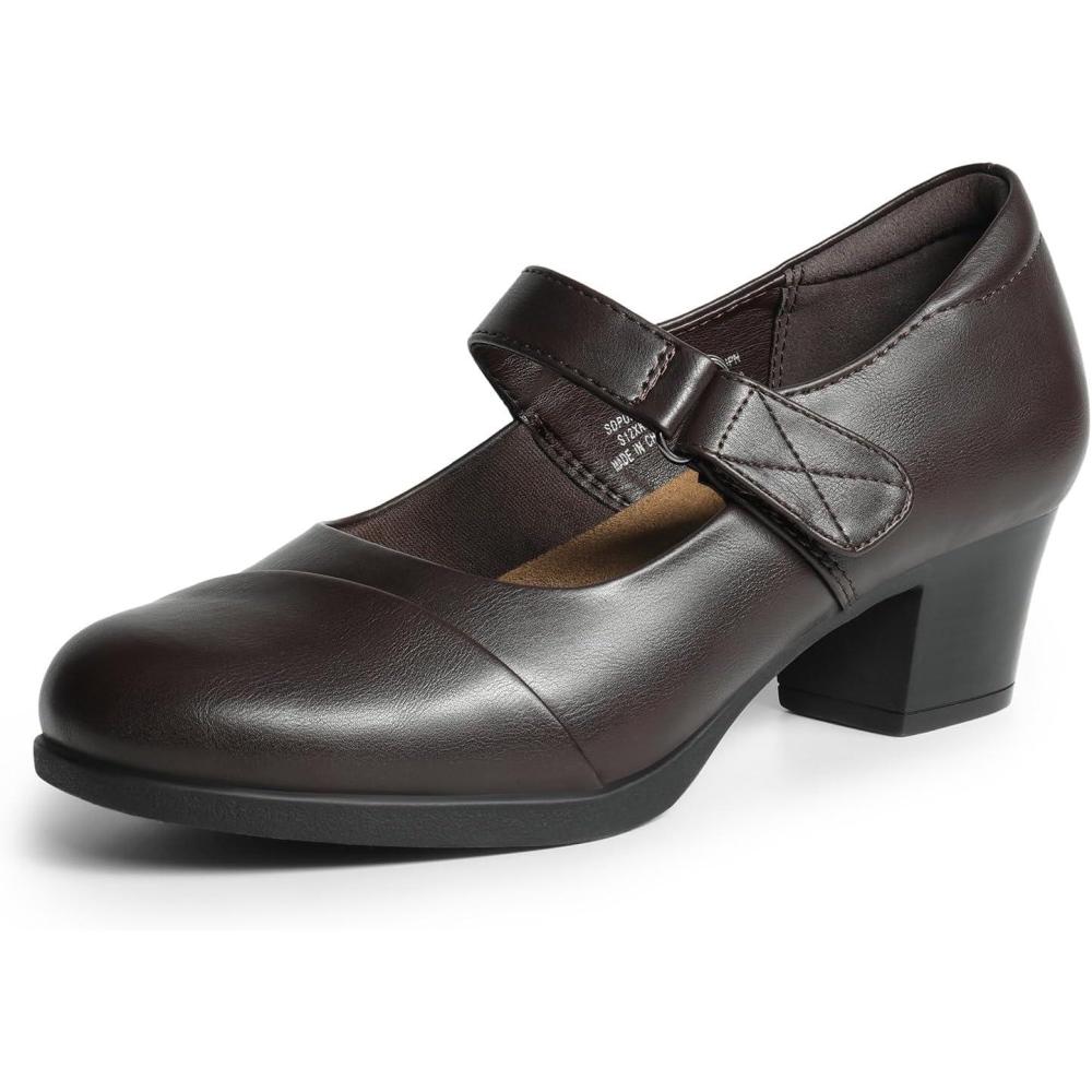 imageDREAM PAIRS Womens Chunky Low Block Closed Toe Heels Mary Janes Pumps Comfortable Round Toe Dress Work Wedding ShoesBrown
