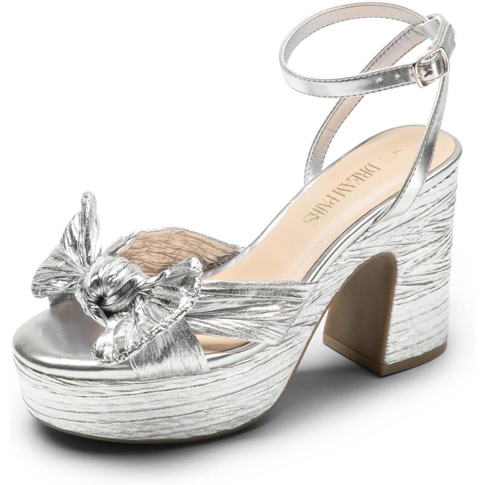 imageDREAM PAIRS Womens Chunky Platform Heels Sandals Pleated Bow Knot Ankle Buckle Strap Heeled Sandals Open Toe Comfortable Wedding Party Dress ShoesSilver