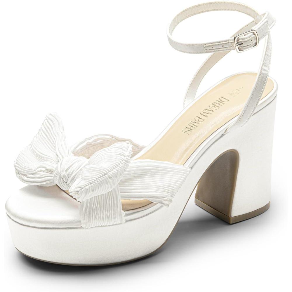 imageDREAM PAIRS Womens Chunky Platform Heels Sandals Pleated Bow Knot Ankle Buckle Strap Heeled Sandals Open Toe Comfortable Wedding Party Dress ShoesWhitesatin
