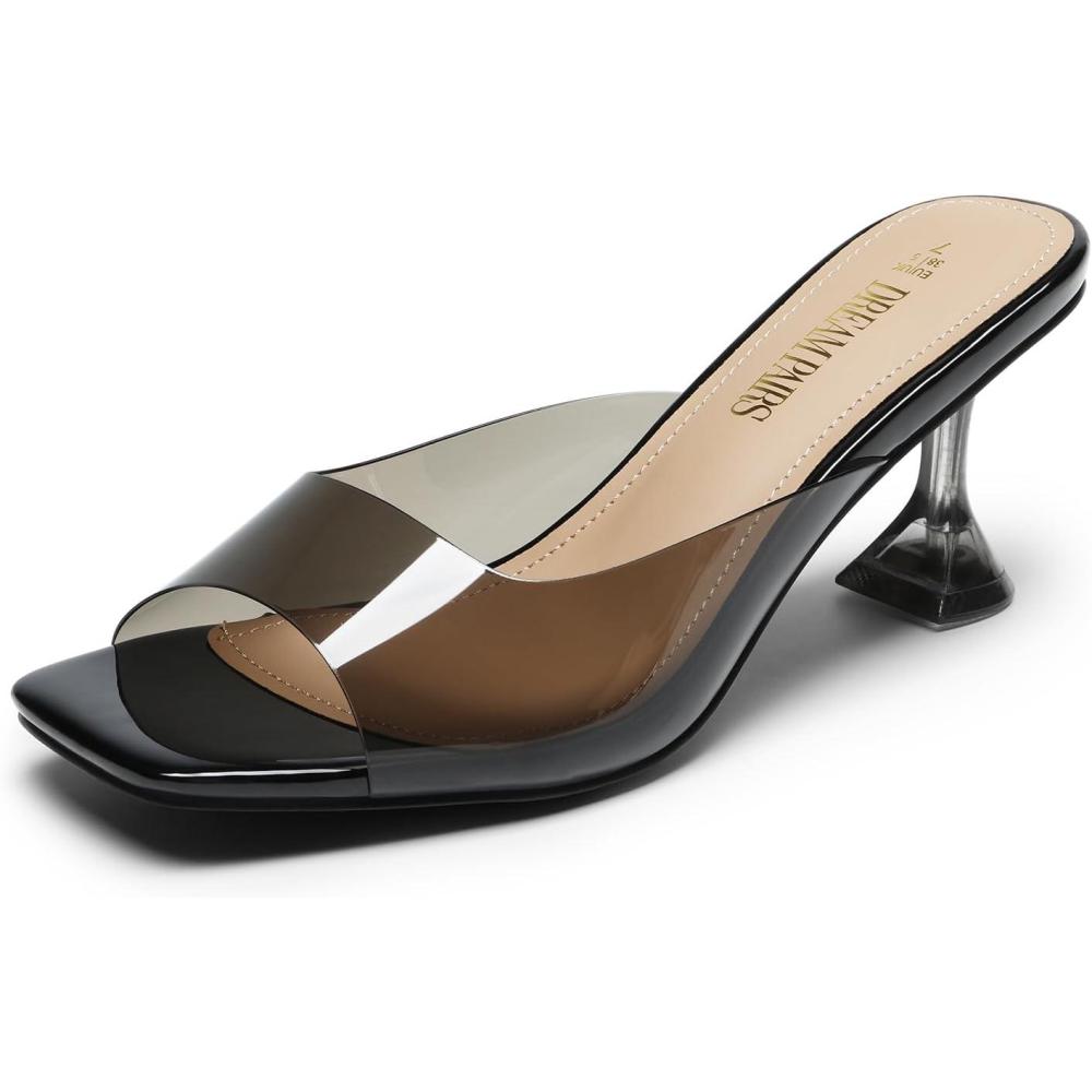 imageDREAM PAIRS Womens Clear Heeled Sandals Square Toe Transparent Stiletto Mules Slip on Wedding Dress ShoesAll Blackclear