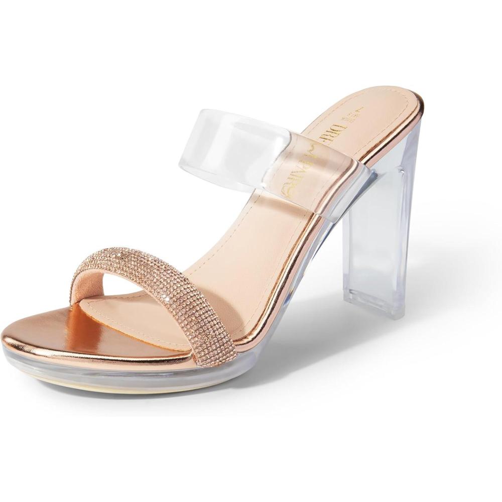 imageDREAM PAIRS Womens Clear Two Strap Open Toe High Block Chunky Slip on Dress Heel SandalsChampagnerhinestone