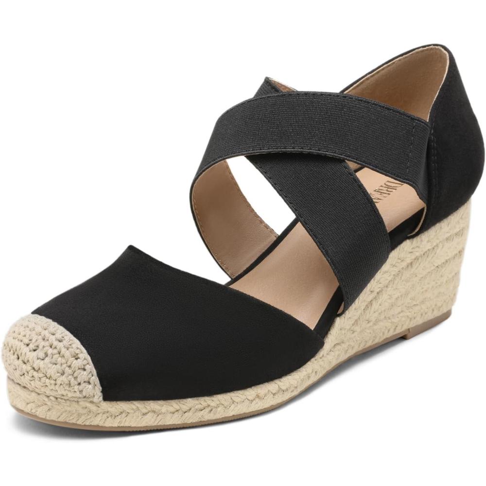 imageDREAM PAIRS Womens Close Toe Espadrilles Platform Slip on Elastic Criss Cross Straps Dressy Wedges SandalsBlack Suede