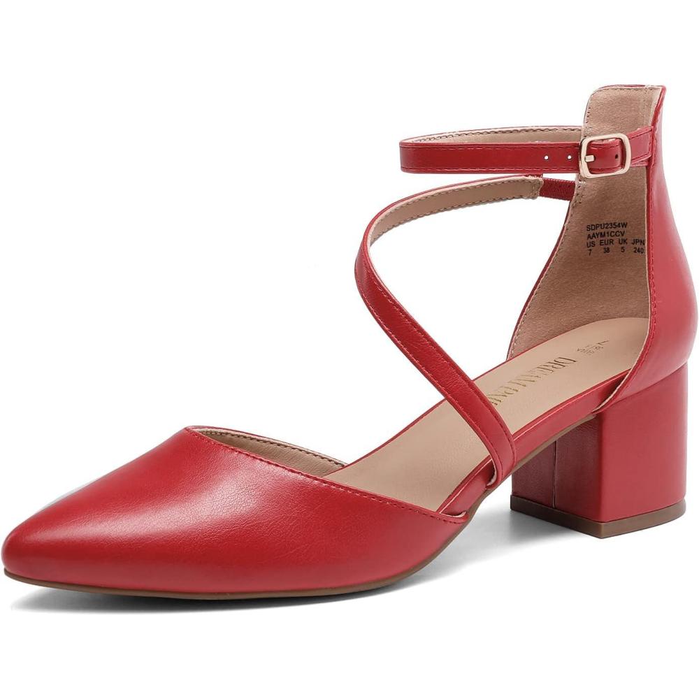 imageDREAM PAIRS Womens Closed Pointed Toe Low Chunky Heels Pumps Ankle Strap Wedding Business Dressy ShoesRedpu