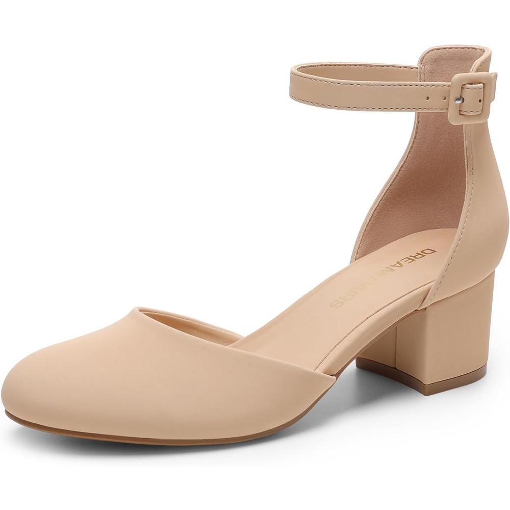 imageDREAM PAIRS Womens Closed Round Toe Low Block Heels Ankle Strap Chunky Heel Pumps Dress Wedding Office Party ShoesNude
