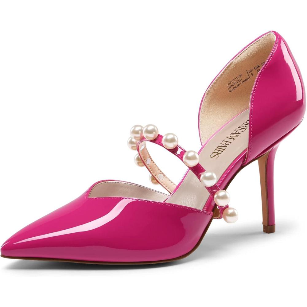 imageDREAM PAIRS Womens Closed Toe High Heels Stiletto Pointed Toe Strappy Pearl Elegant DOrsay Dress Wedding Party Pumps ShoesHot Pink