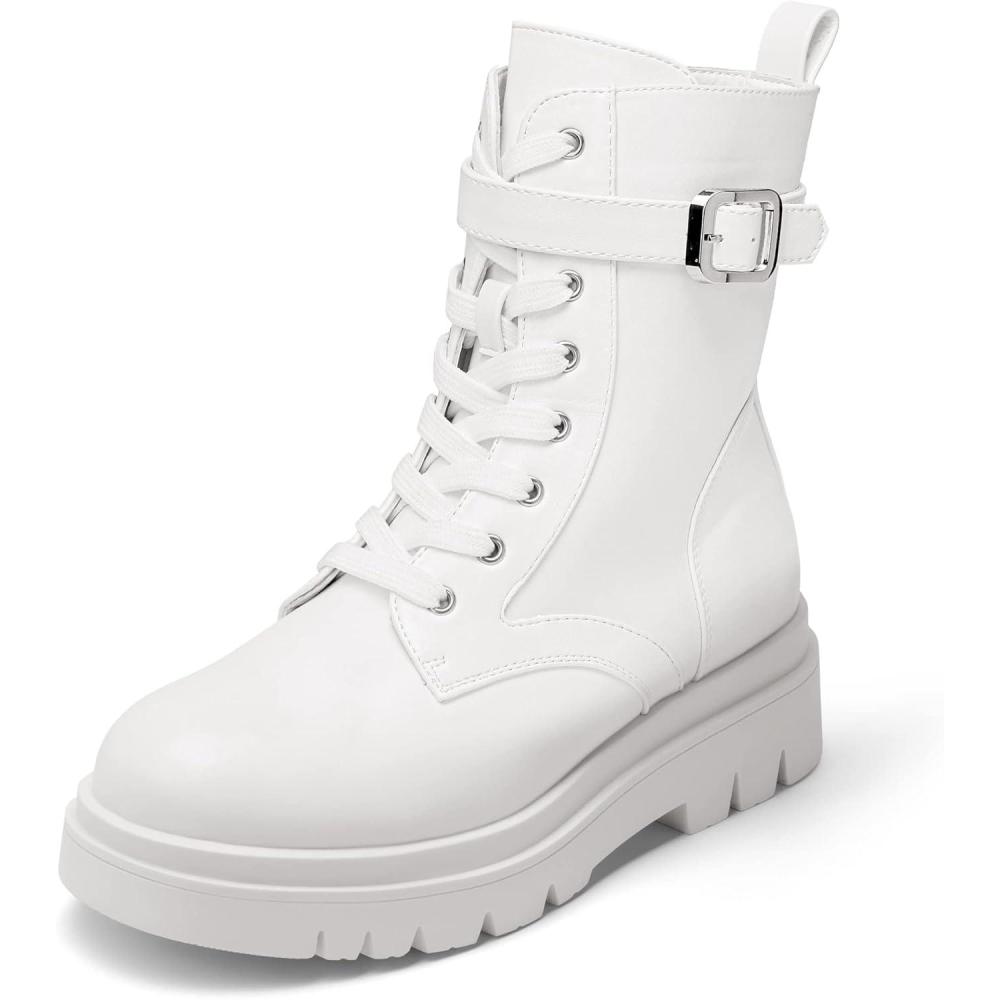 imageDREAM PAIRS Womens Combat Platform Boots Lace Up Lug Sole Buckle Ankle Booties ShoesWhite