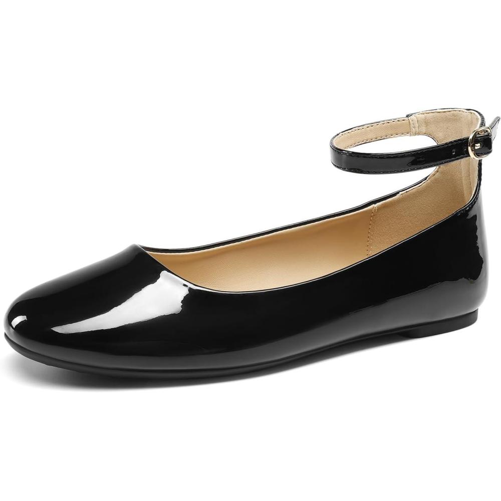 imageDREAM PAIRS Womens Dressy Ballet Flats Shoes Round Toe Comfortable Ankle Strap Patent Ballerina Flats ShoesBlackpat