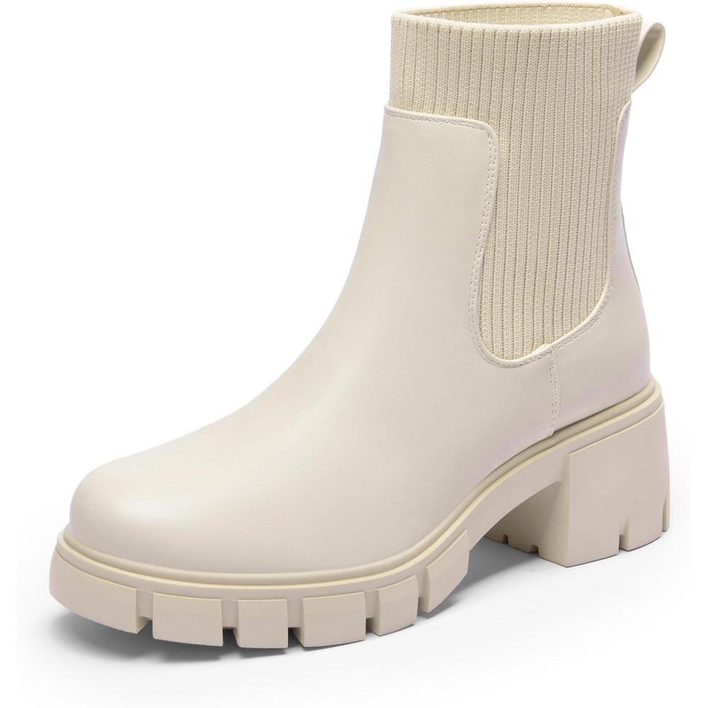 imageDREAM PAIRS Womens Elastic Chelsea Ankle Boots Fashion Low Chunky Heel Platform Lug Sole Short Booties ShoesBeige