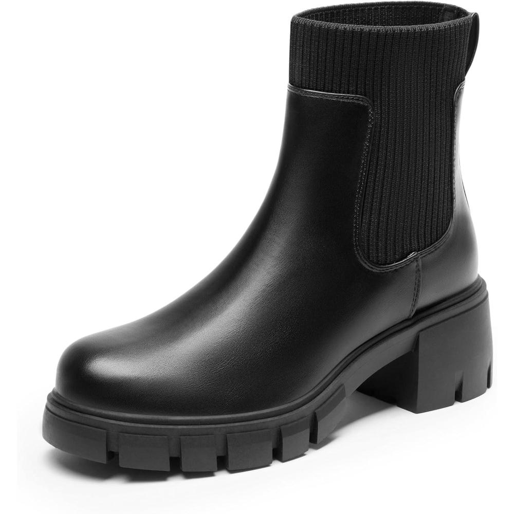 imageDREAM PAIRS Womens Elastic Chelsea Ankle Boots Fashion Low Chunky Heel Platform Lug Sole Short Booties ShoesBlack