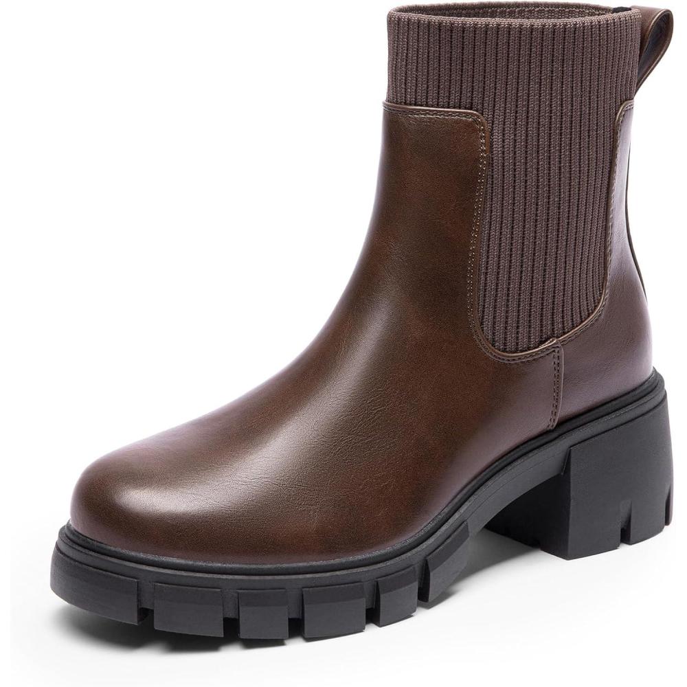 imageDREAM PAIRS Womens Elastic Chelsea Ankle Boots Fashion Low Chunky Heel Platform Lug Sole Short Booties ShoesBrown