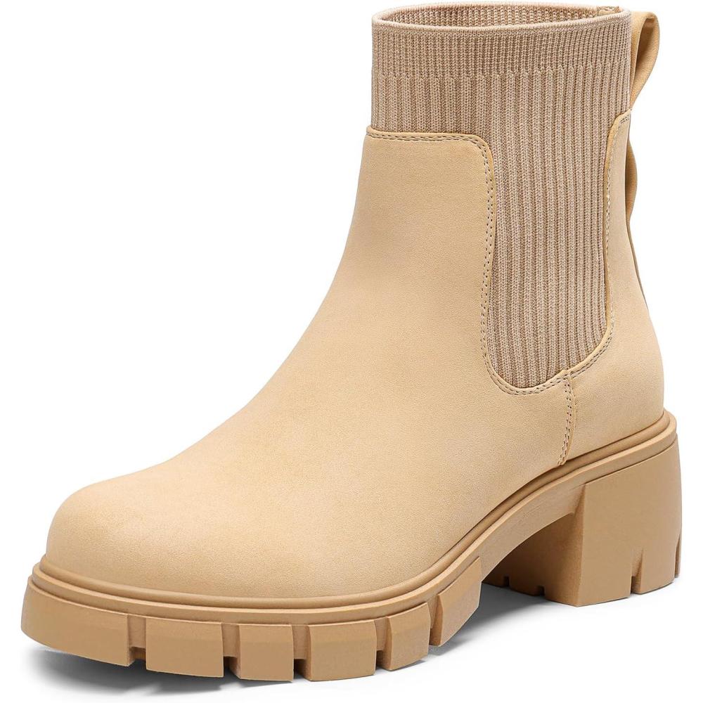 imageDREAM PAIRS Womens Elastic Chelsea Ankle Boots Fashion Low Chunky Heel Platform Lug Sole Short Booties ShoesNude