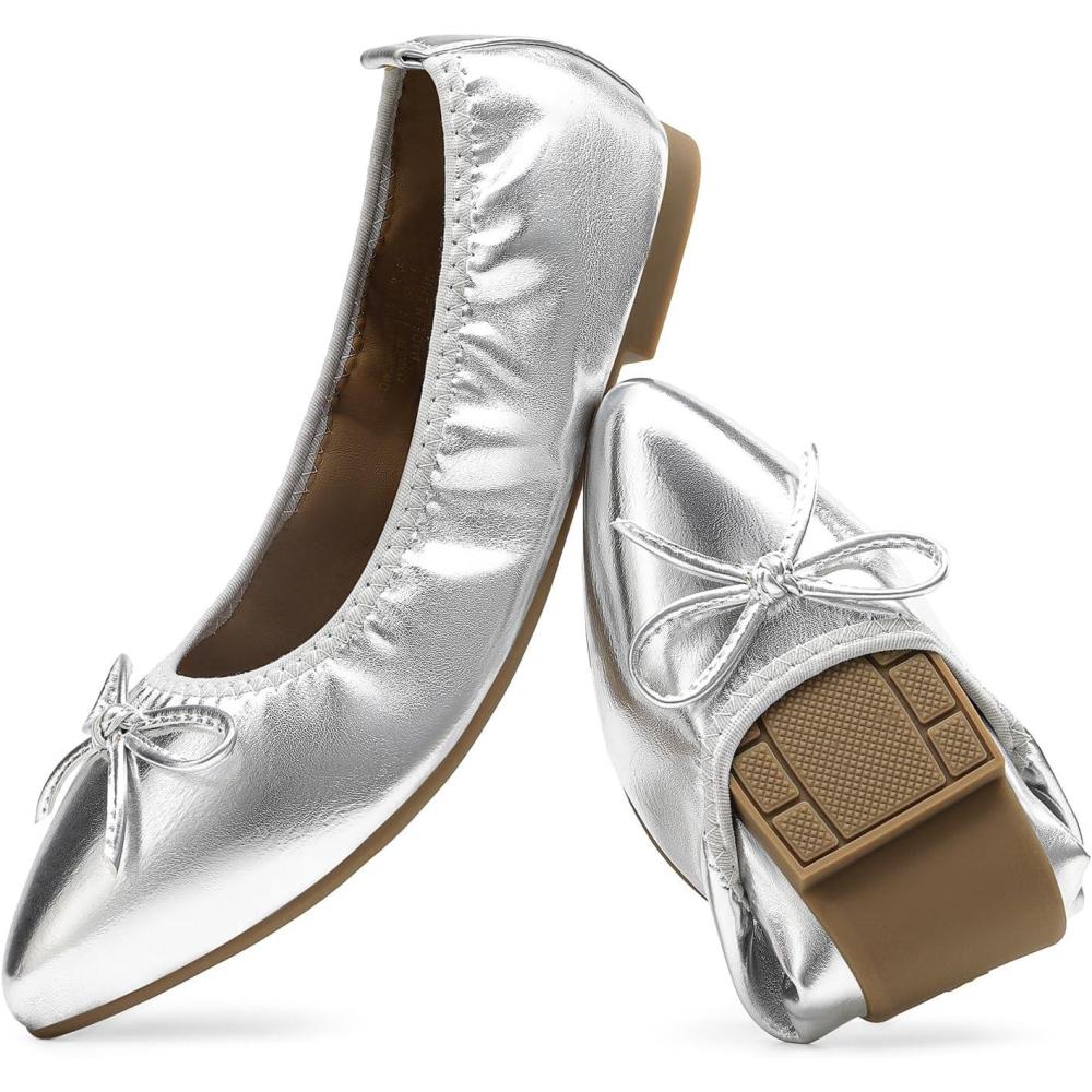 imageDREAM PAIRS Womens Foldable Flats Shoes Pointed Toe Ballet Flats Bowknot Comfort Slip on Dress ShoesSilver