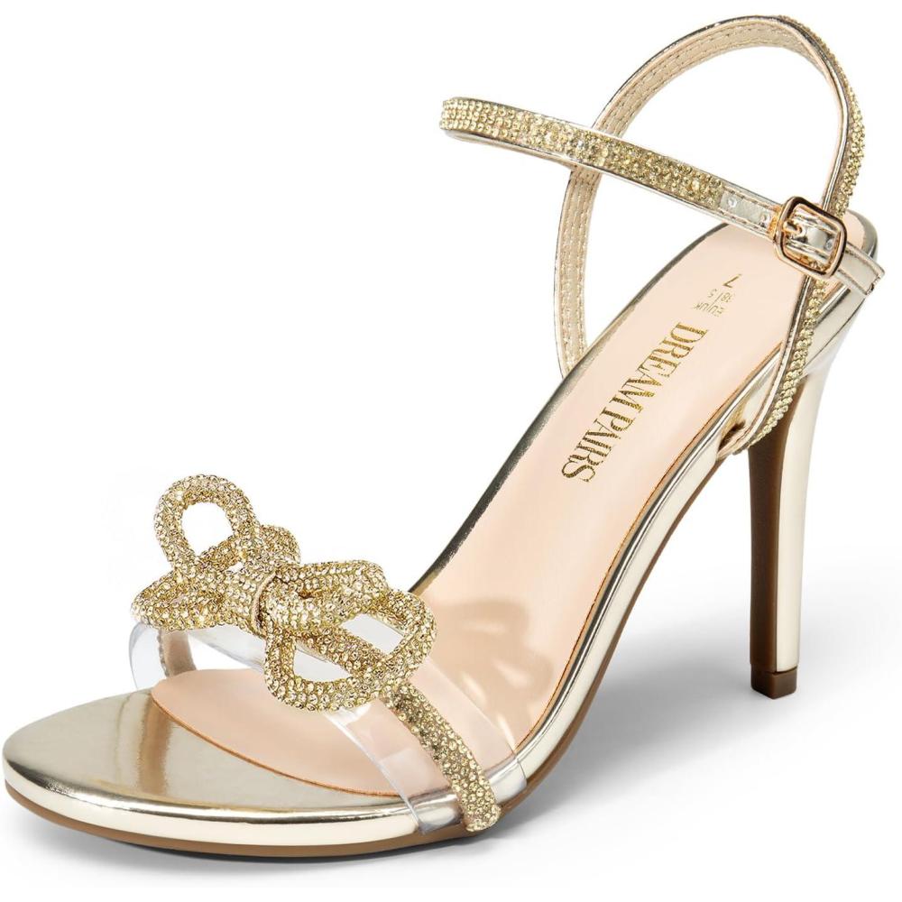 imageDREAM PAIRS Womens Heels Round Toe Rhinestone Double Bowknots Sparkly Stilettos Heeled Sandals Shoes for Party EveningGoldpu
