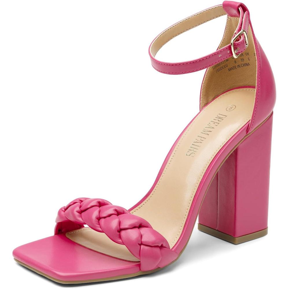 imageDREAM PAIRS Womens Heels for Women Braided Open Toe Ankle Strap High Block Chunky Heel Sandals Party Wedding Dress Pumps ShoesHot Pink