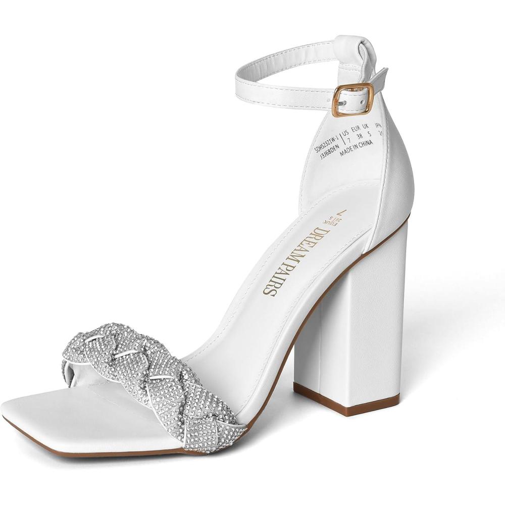 imageDREAM PAIRS Womens Heels for Women Braided Open Toe Ankle Strap High Block Chunky Heel Sandals Party Wedding Dress Pumps ShoesWhiterhinestone