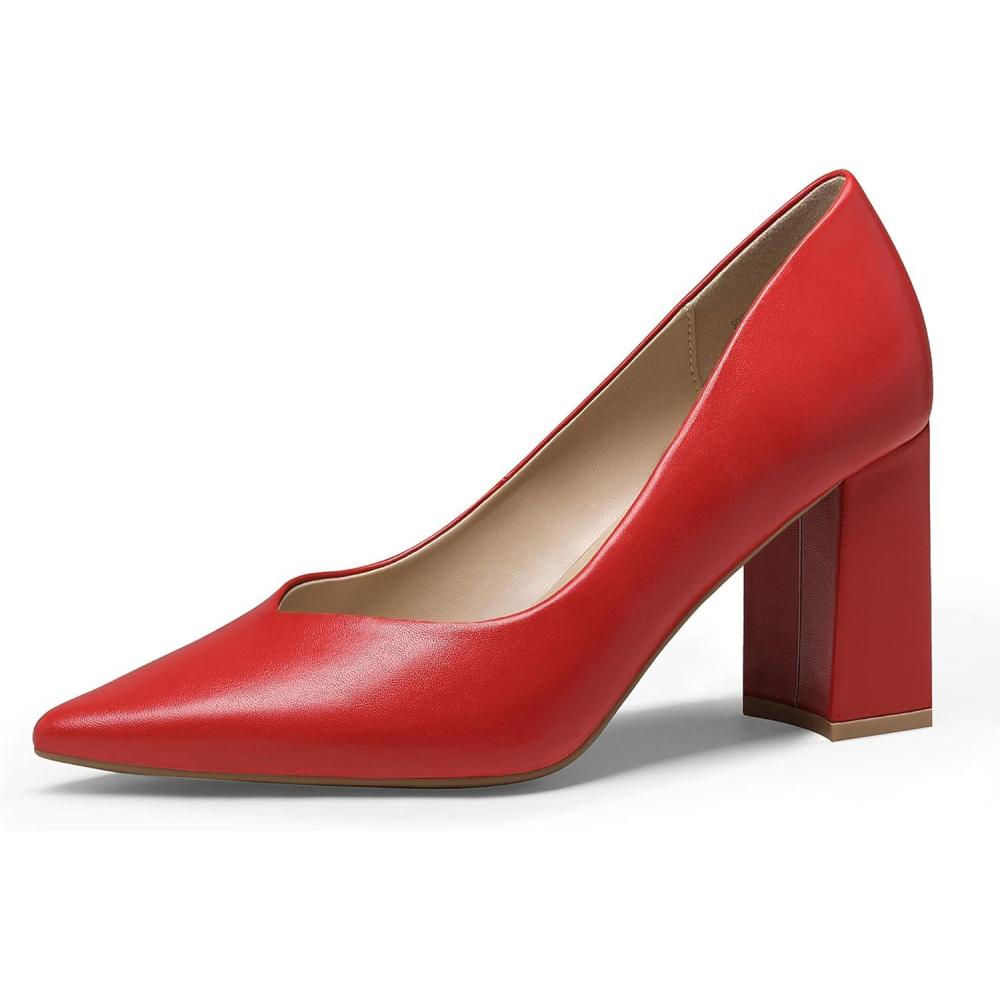 imageDREAM PAIRS Womens High Chunky Closed Toe Block Heels Pointed Toe Wedding Party Elegant Slip On Pumps ShoesRedPu