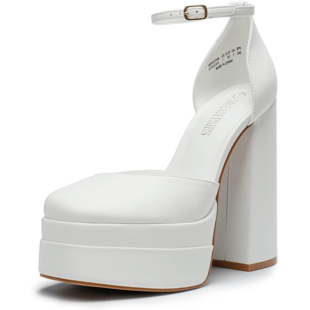 imageDREAM PAIRS Womens High Chunky Platform Closed Toe Block Heels Square Toe Ankle Strap Dress Wedding Party Pumps Shoes AureliaWhite