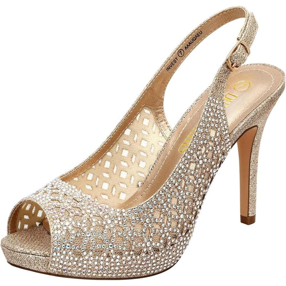 imageDREAM PAIRS Womens High Heels Platform Dress Rhinestones Peep Toe Pumps ShoesGoldGlitter