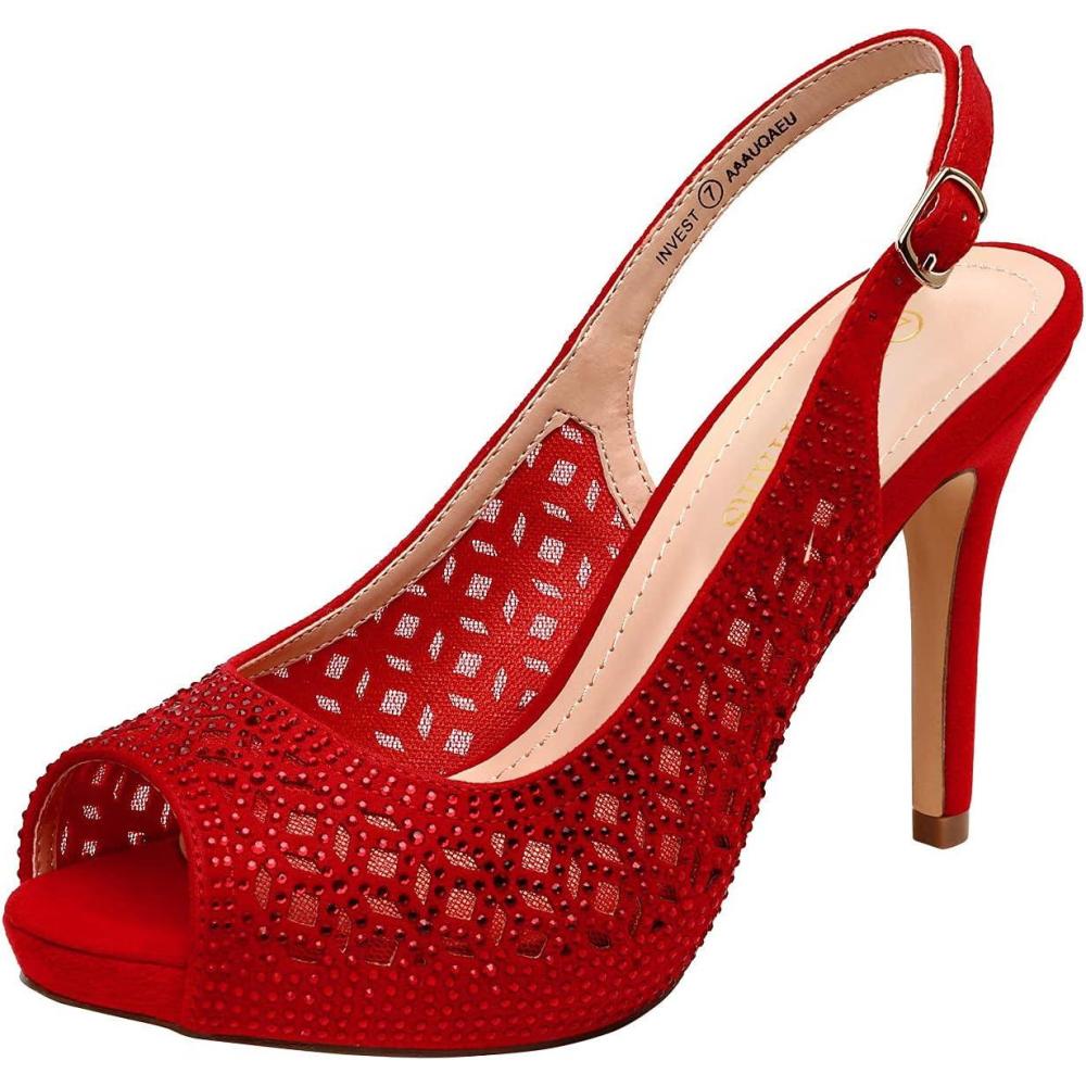 imageDREAM PAIRS Womens High Heels Platform Dress Rhinestones Peep Toe Pumps ShoesRedSuede