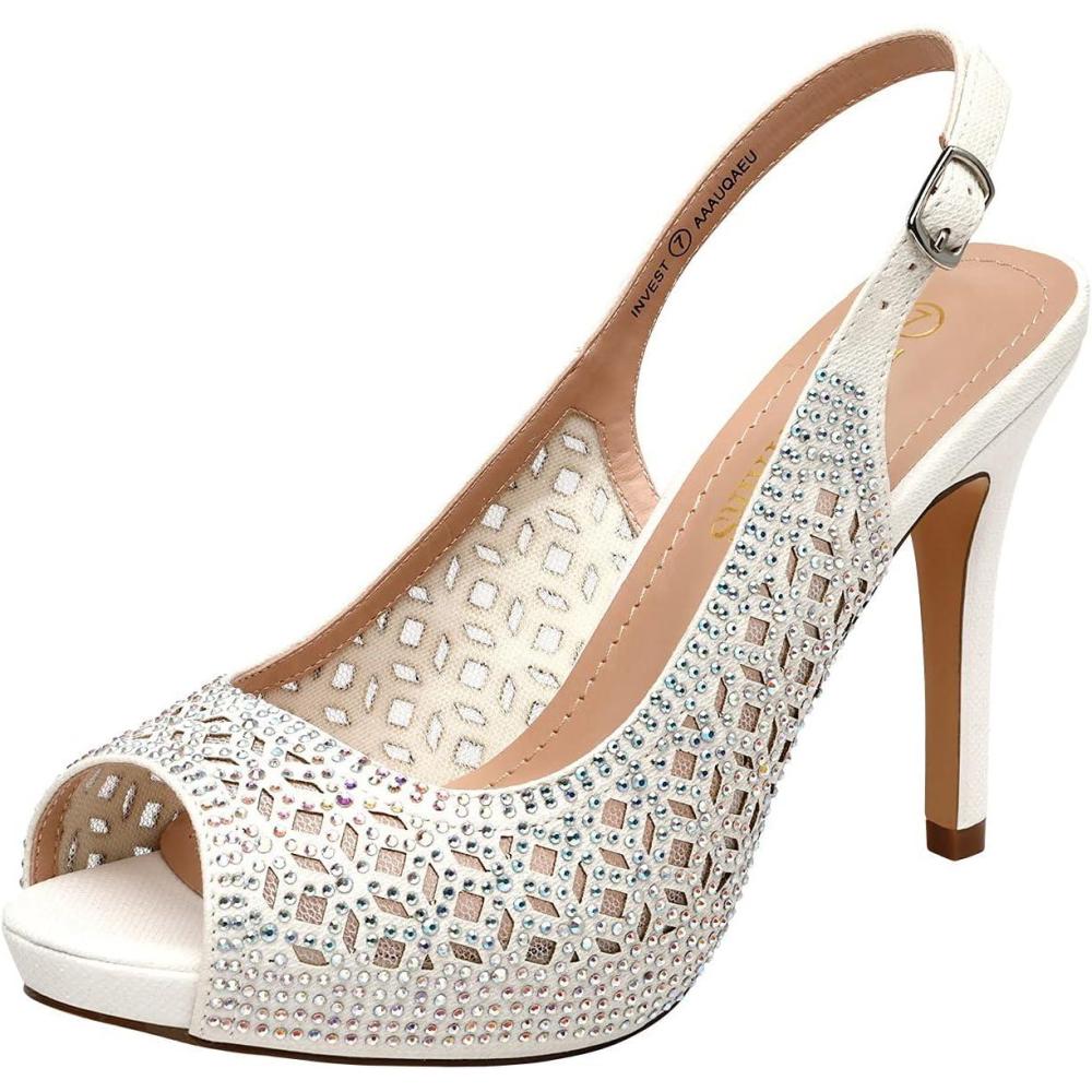 imageDREAM PAIRS Womens High Heels Platform Dress Rhinestones Peep Toe Pumps ShoesWhiteGlitter
