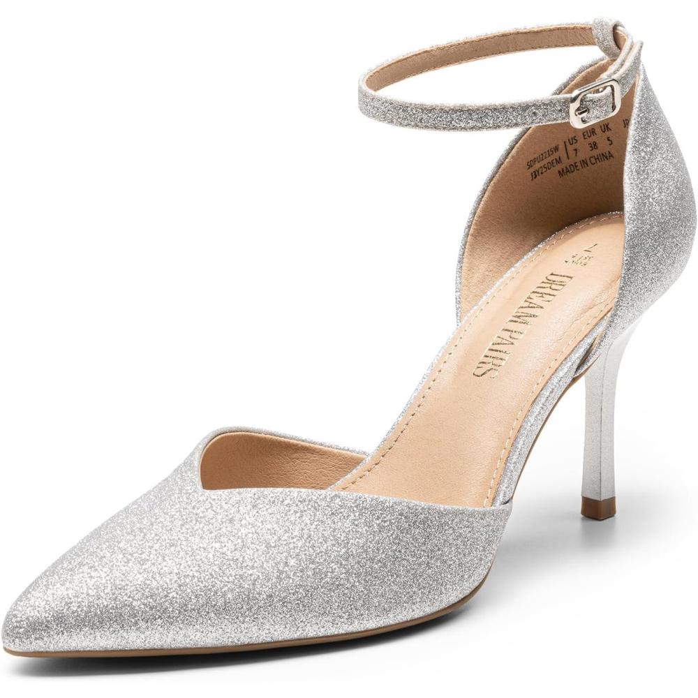 imageDREAM PAIRS Womens High Heels Strappy Closed Toe Stiletto Ankle Strap Pointed Toe DOrsay Heel Dress Wedding Party Pumps ShoesSilverglitter