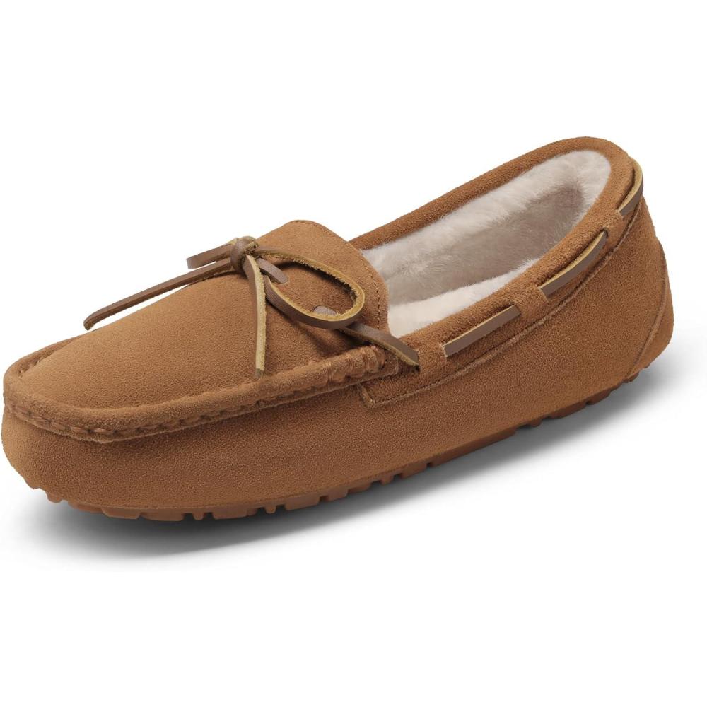 imageDREAM PAIRS Womens House Slippers Indoor Outdoor Moccasin Fuzzy Fluffy Furry Loafers Suede Leather Warm ShoesChesnut