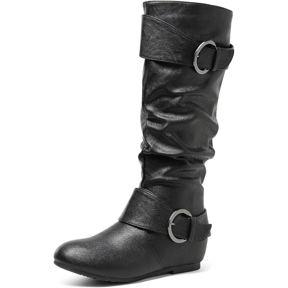 imageDREAM PAIRS Womens Knee High Low Hidden Wedge Boots Suede Faux Fur Lining Side Zipper Knee High Buckle BootsUrablack