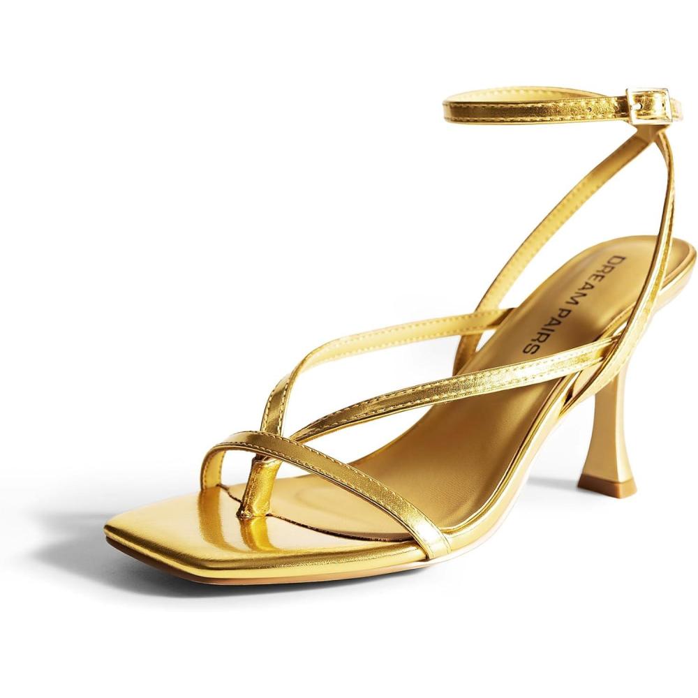 imageDREAM PAIRS Womens Low Kitten Heels Strappy Design with Lace Up Open Square Toe Thong Ankle Strap Shoes Fashionable Sexy Sylvestra Heeled Sandals for Dressy OccasionsGold